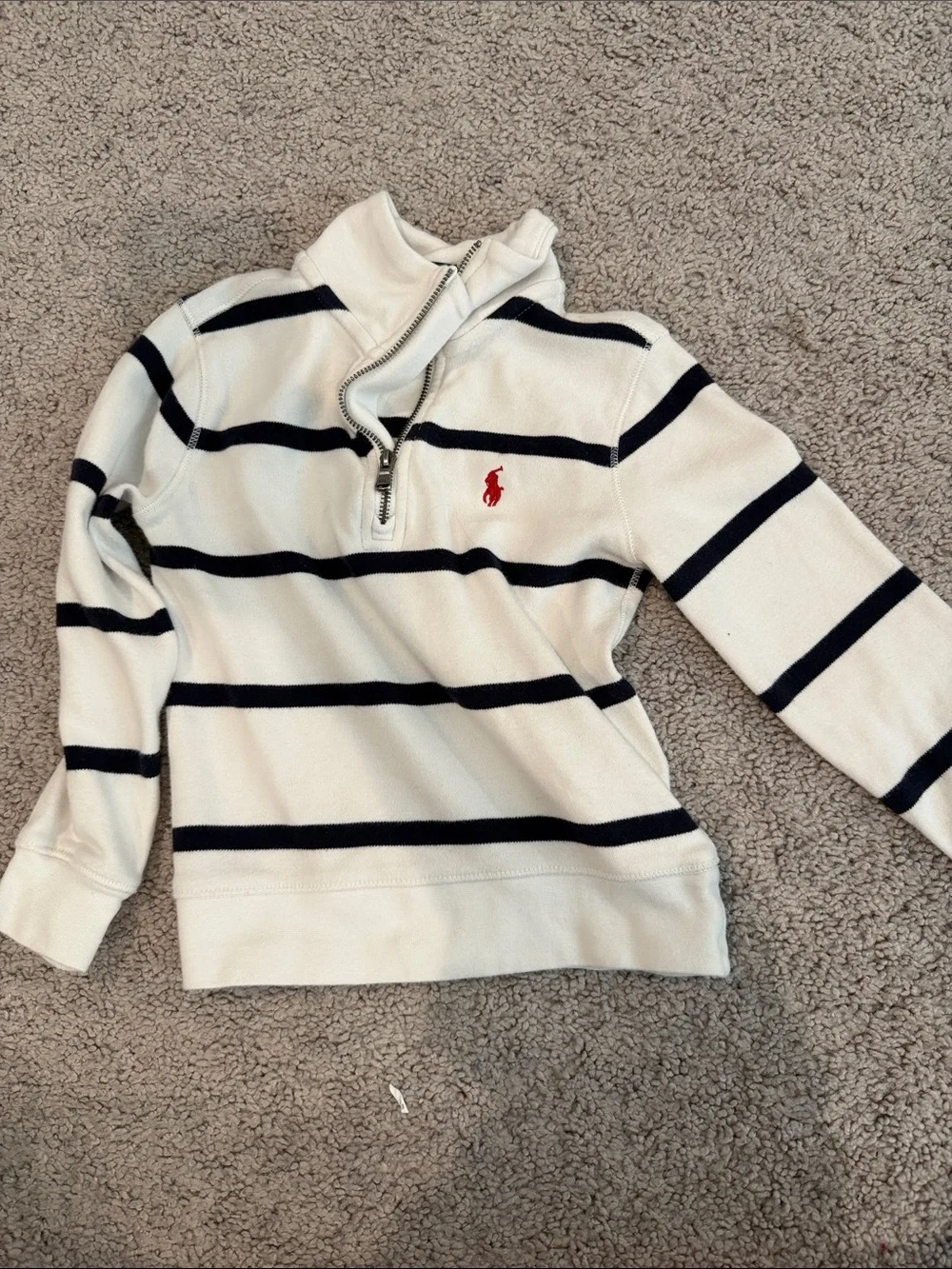 Ralph Lauren White & Navy Striped Quarter-Zip Sweatshirt with Red Pony
